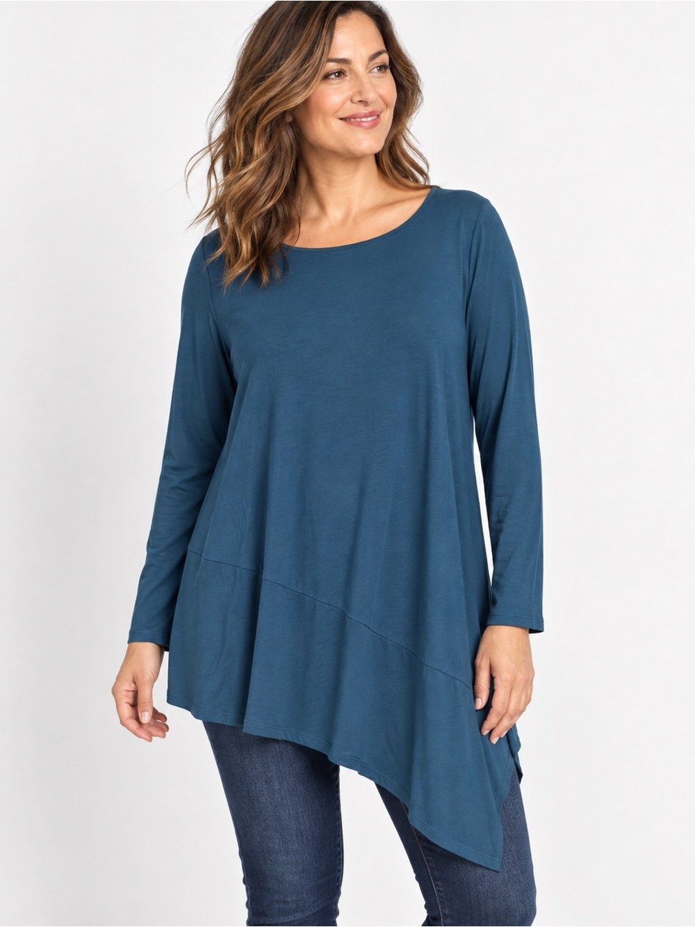 Eileen Fisher System Asymmetric Tunic Size XL Turquoise Knit Long Sleeve